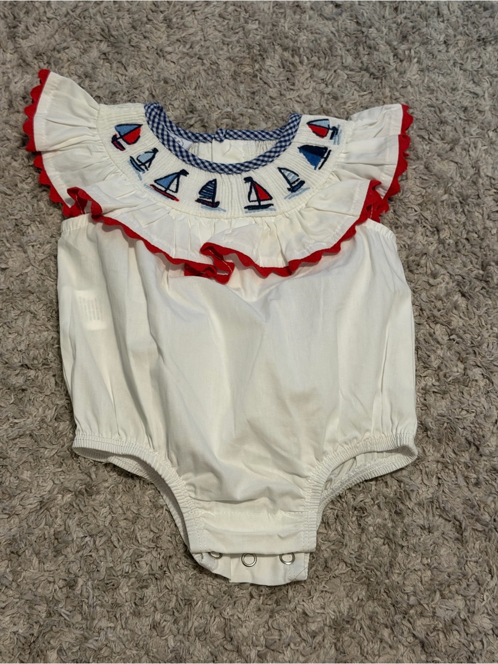 NWOT Mudpie Smocked Sailboat Baby Bubble with Matching Gingham Headband 0-3month